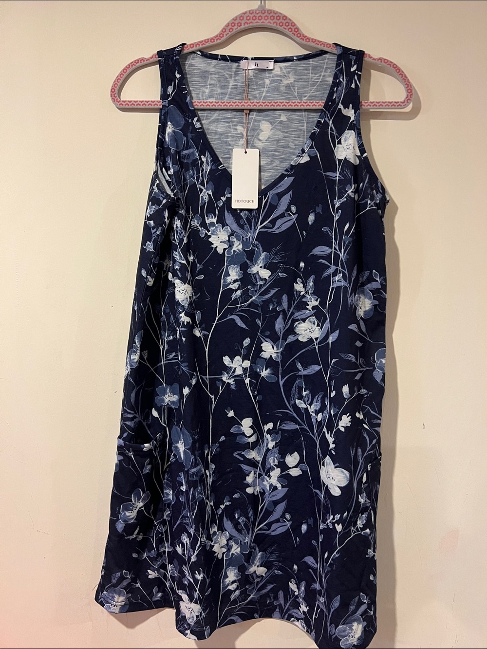 Women’s Navy Floral Midi Dress with V-Neck